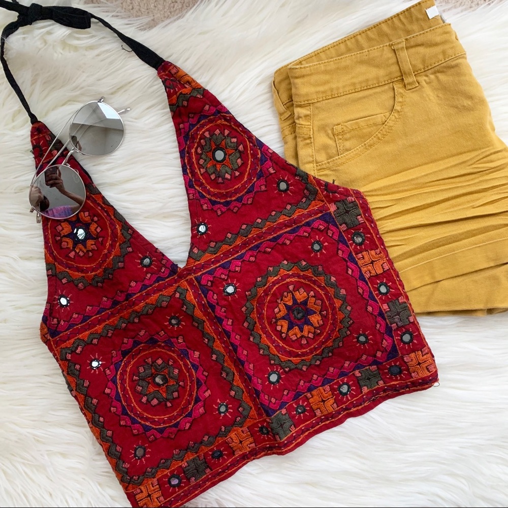 Festival Red mirror embroidered boho halter top